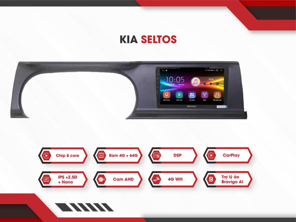Kia Seltos là một mẫu xe mới được ra mắt thị trường Việt Nam vào tháng 7/2020 nhưng Bravigo cũng đã nhanh chóng cập nhật sản phẩm màn hình tương ứng, đi kèm phần ốp nhựa cho bảng đồng hồ của xe.