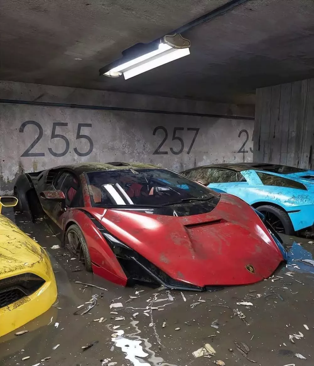 Hai chiếc siêu xe Lamborghini bị ngập trong hầm để xe, bên cạnh đó là chiếc Ford Mustang màu vàng