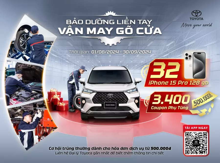 Cơ hội trúng điện thoại iPhone 15 Pro khi bảo dưỡng, sửa chữa hoặc làm đẹp xe Toyota Cơ hội trúng điện thoại iPhone 15 Pro khi bảo dưỡng, sửa chữa hoặc làm đẹp xe Toyota